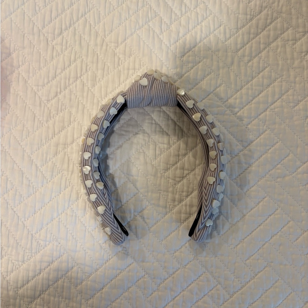Lele Sadoughi Lilac Seersucker Knotted Headband with Pearl Heart Charms EUC
